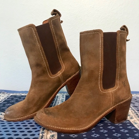 Frye Shoes - Frye Heeled Chelsea Boots Distressed Brown Suede